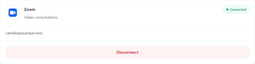 Zoom section in Deiz showing Connected status, the account email and the Disconnect button